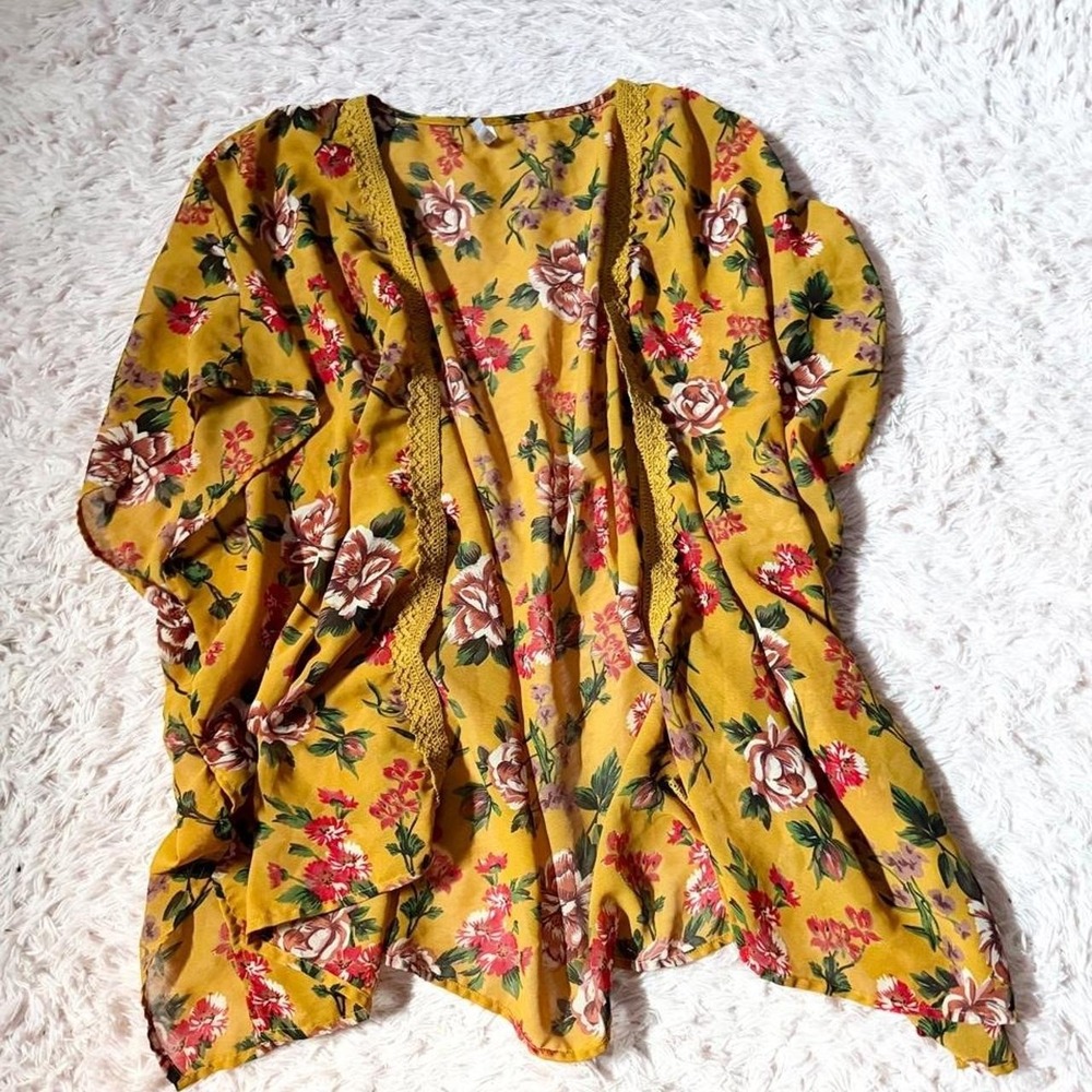 Yellow Floral Autumn Flowy Sheer Layering Duster Kimono Womens 3X Ethereal Boho